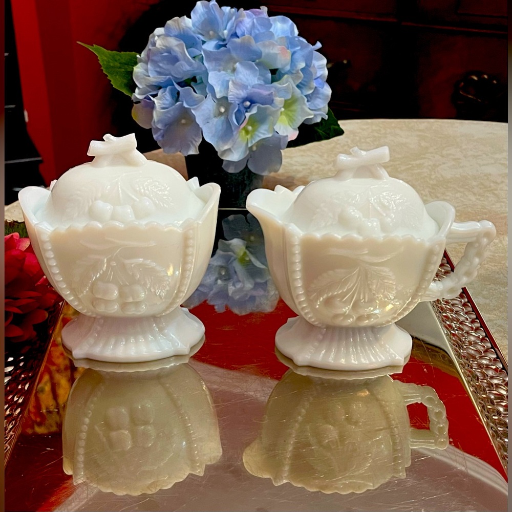 Antique Westmoreland Milk Glass Grape & Cherry Pattern Lidded Cream & Sugar